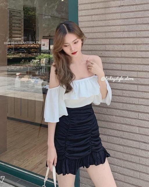 Sét áo nhún bèo 2 lớp trễ vai kèm chân váy nhún siêu xinh