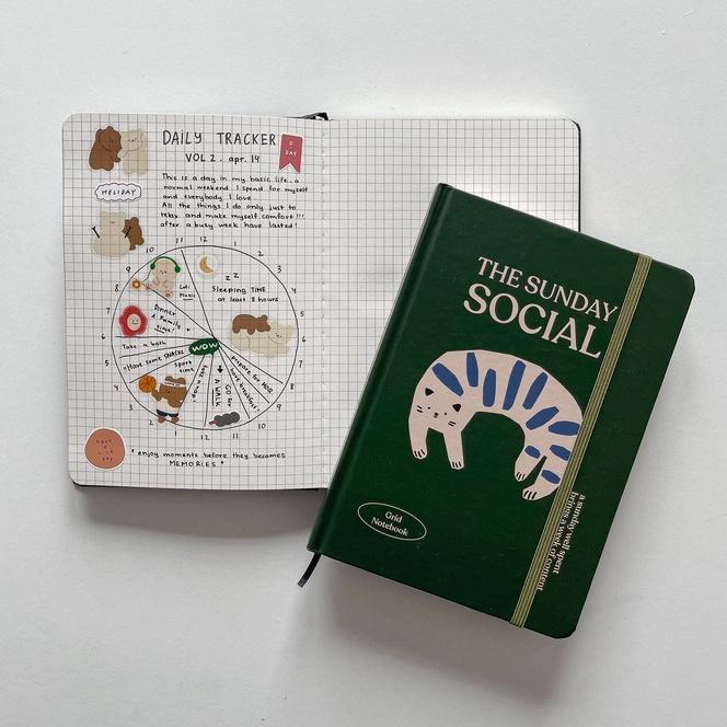 Sổ Tay A5 Ghi Chép Chấm Dot, Grid, Kẻ Ngang, Ô Vuông Crabit 130Gsm, 144 Trang, Chuyên Bullet Journal, Vẽ, Sunday Social - Sổ Grid - Mèo Xanh