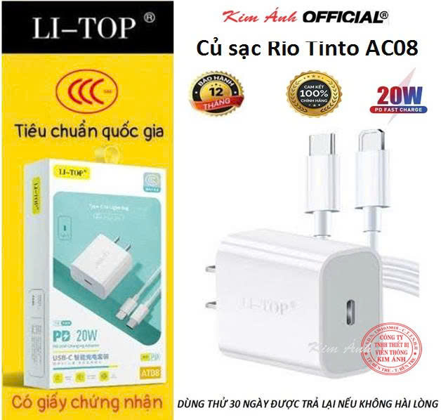 Bộ sạc LI-TOP AT08 chân IOS (L), sạc nhanh PD 20W có chứng nhận 3C tiêu chuẩn quốc gia, hàng chính hãng bảo hành 12 tháng