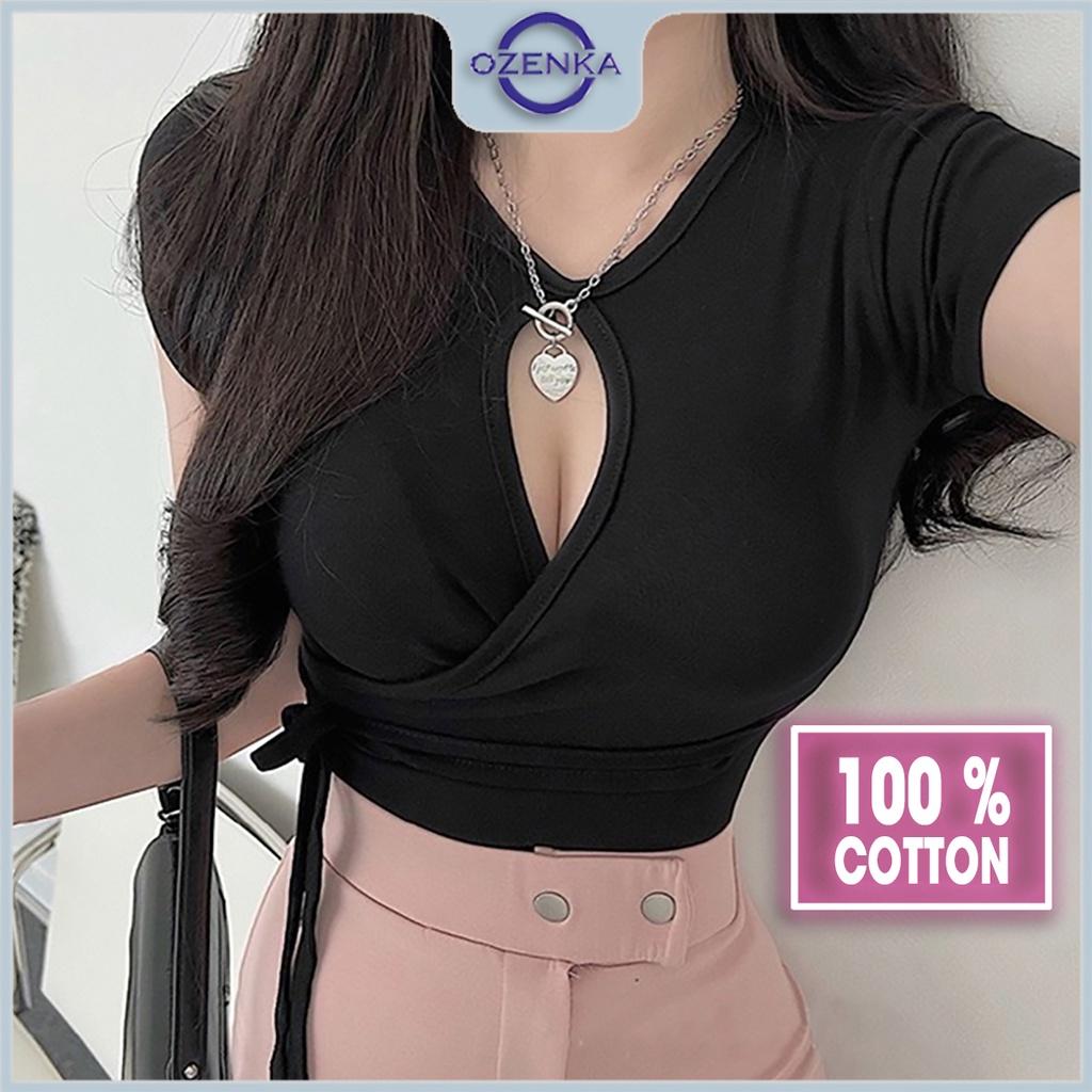 Áo croptop tay ngắn khoét ngực gợi cảm ôm nữ Ozenka , áo crt cổ tròn kiểu basic đen trắng mặc đi chơi size dưới 55 cân