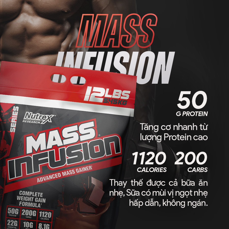 Sữa Tăng cân & Tăng cơ Mass Infusion từ Nutrex - Tăng cân nhanh & Hỗ trợ tiêu hóa (Ngay cả khi dị ứng Lastose)