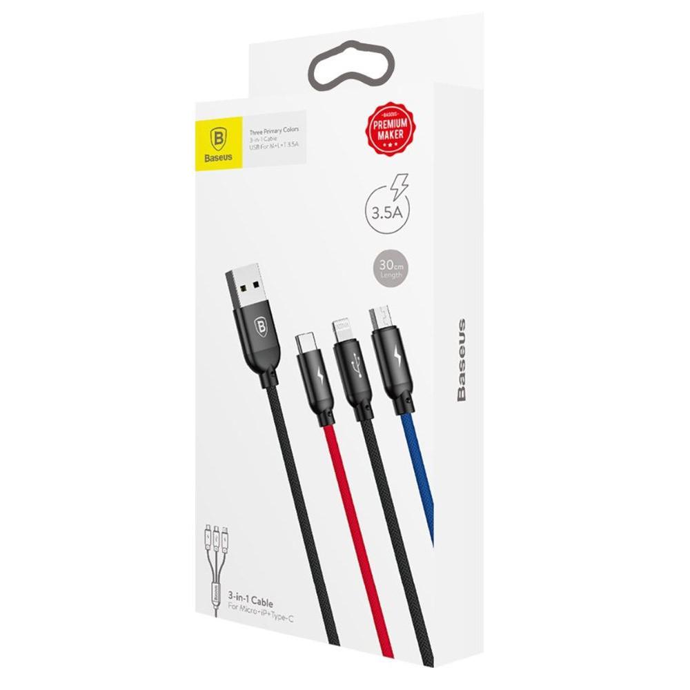 Cáp 3 đầu MicroUSB, Light, Type-C dài 120cm - Baseus Three Primary Colors 3-in-1 - Hàng Chính Hãng