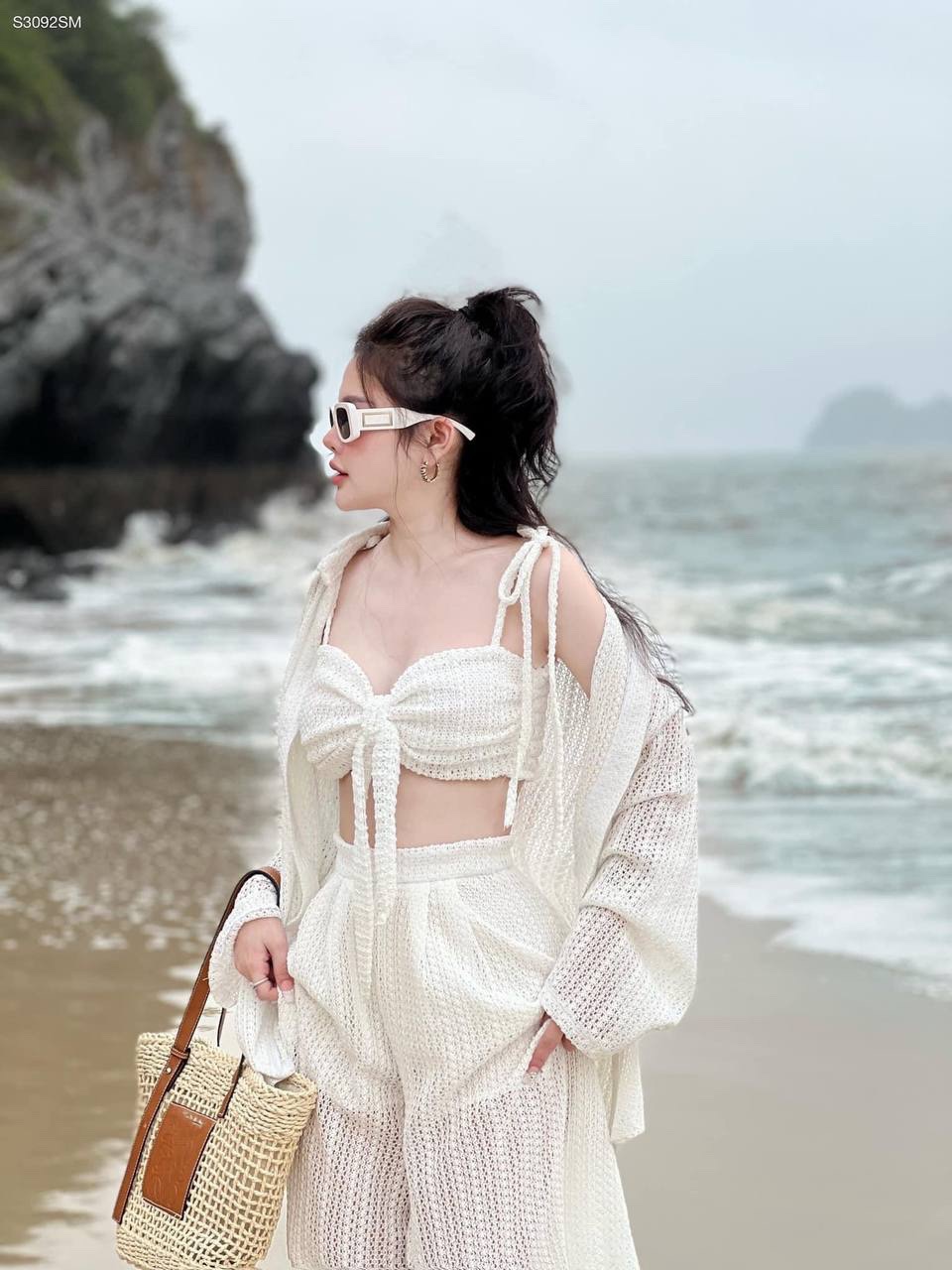 SET ĐI BIỂN ÁO CROPTOP BRA BIKINI  + ÁO SƠ MI FORM RỘNG PASTEL + QUẦN DÀI ỐNG RỘNG LƯNG CAO DẠO PHỐ ĐI CHƠI