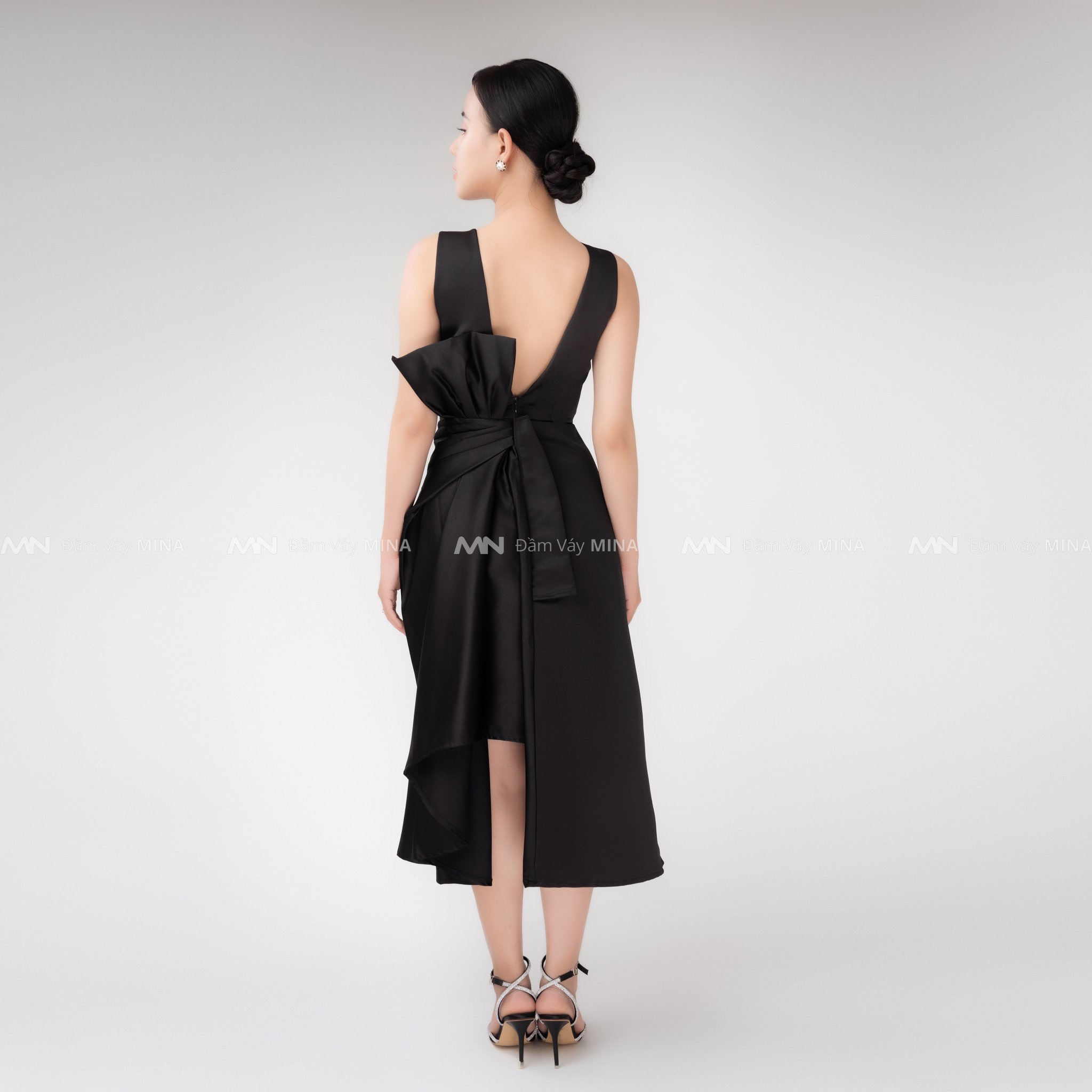 Đầm dự tiệc đầm sang trọng dáng xoè hở lưng nơ Taffeta cao cấp MN104 - Đầm Váy Mina