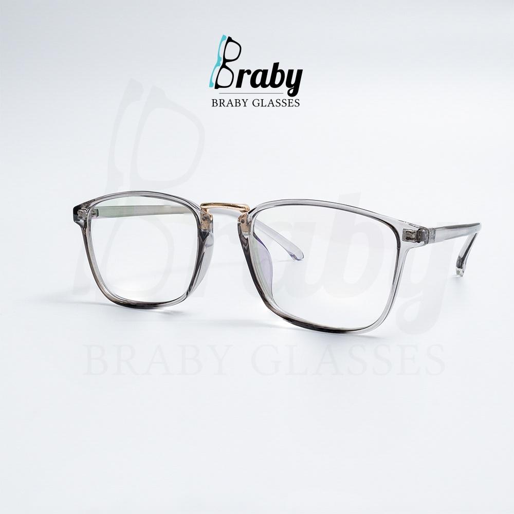 Gọng kính cận trong suốt unisex Braby mắt vuông chất liệu nhựa TR90 cao cấp thiết kế cầu kính kim loại mảnh ấn tượngMK42