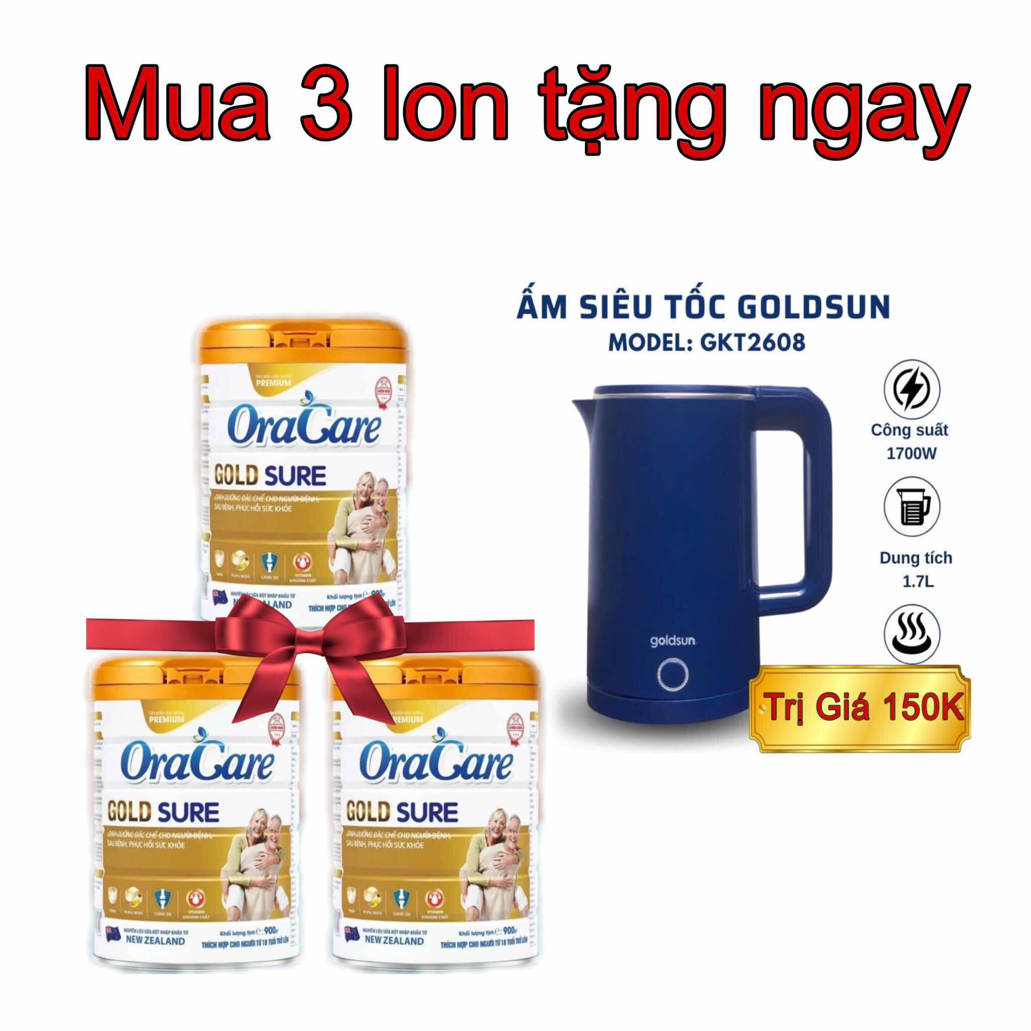 Combo 3 lon Sữa Oracare Gold sure lon 900gr - Tặng ấm đun siêu tốc