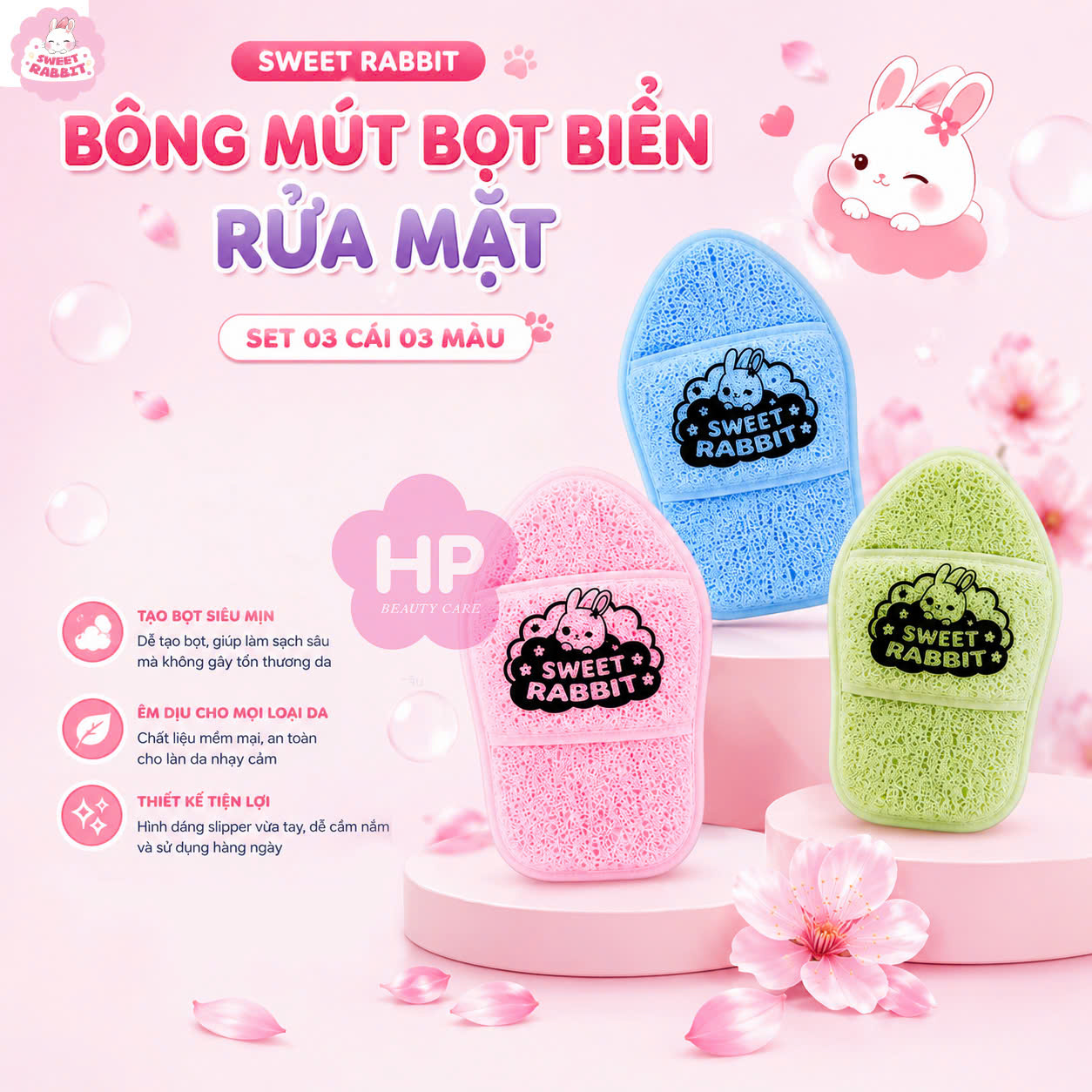 Bông Mút Bọt Biển Rửa Mặt Sweet Rabbit Fluffy Facial Cleansing Puff (Slipper Shape) Set 03 Cái 03 Màu