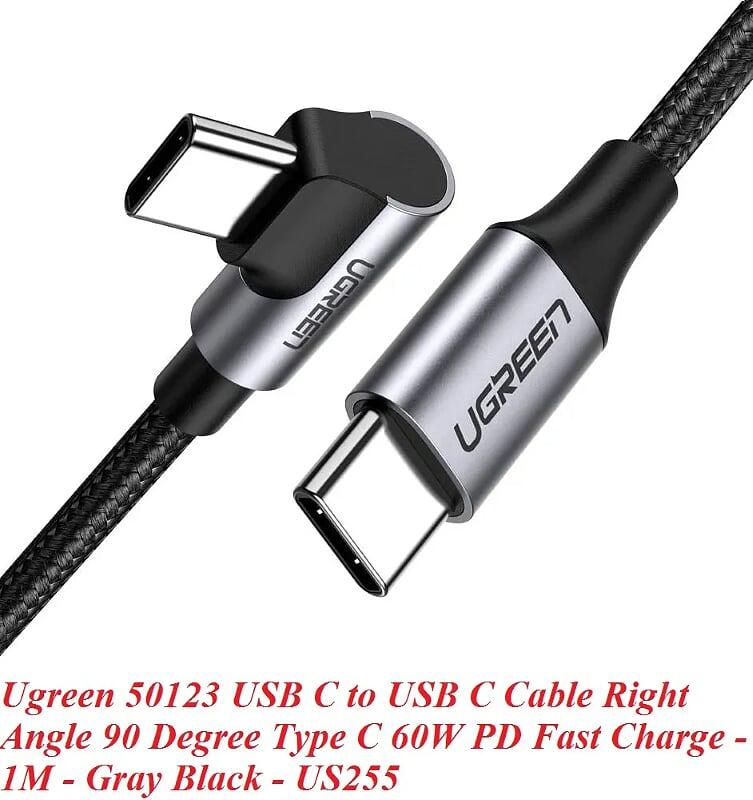 Ugreen 50123 1m cáp USB 2 đầu type C vuông góc 60W PD mạ nhôm nâu đen Ugreen US255 - Hàng Chính Hãng