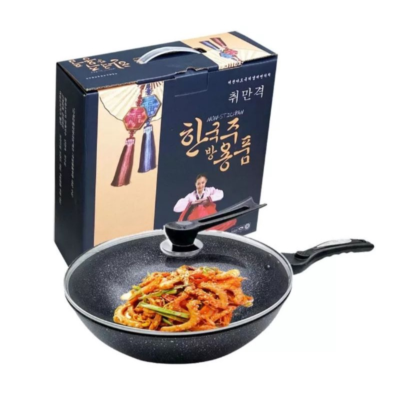 Chảo Chống Dính Siêu Bền Sâu Lòng Đá Hàn Quốc Có Nắp Kính Size 32cm/30cm (Tặng Thìa Gỗ ) Dùng Cho Mọi Loại Bếp