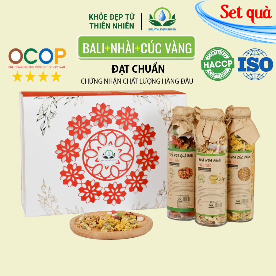 Hộp quà tặng trà hoa cao cấp - Set 3: Trà hoa cúc vàng, Hoa quả Bali, Hoa nhài