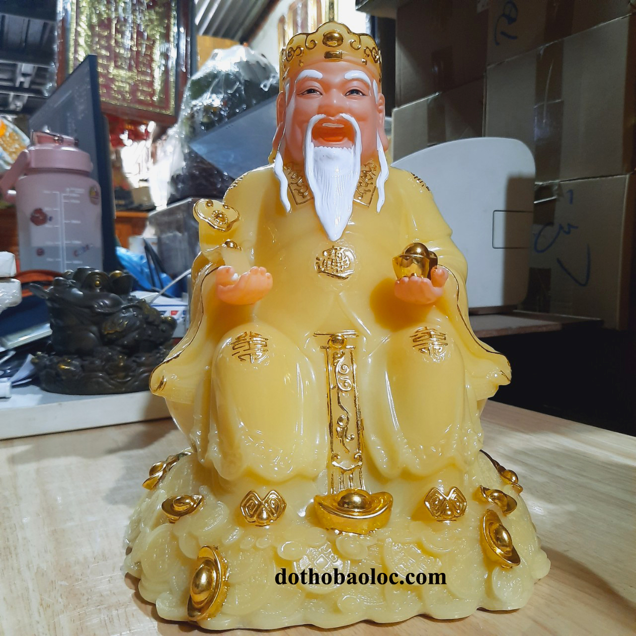 Cặp tượng thần tài ông địa đá cao cấp nhập khẩu Đài Loan màu vàng cao 25cm