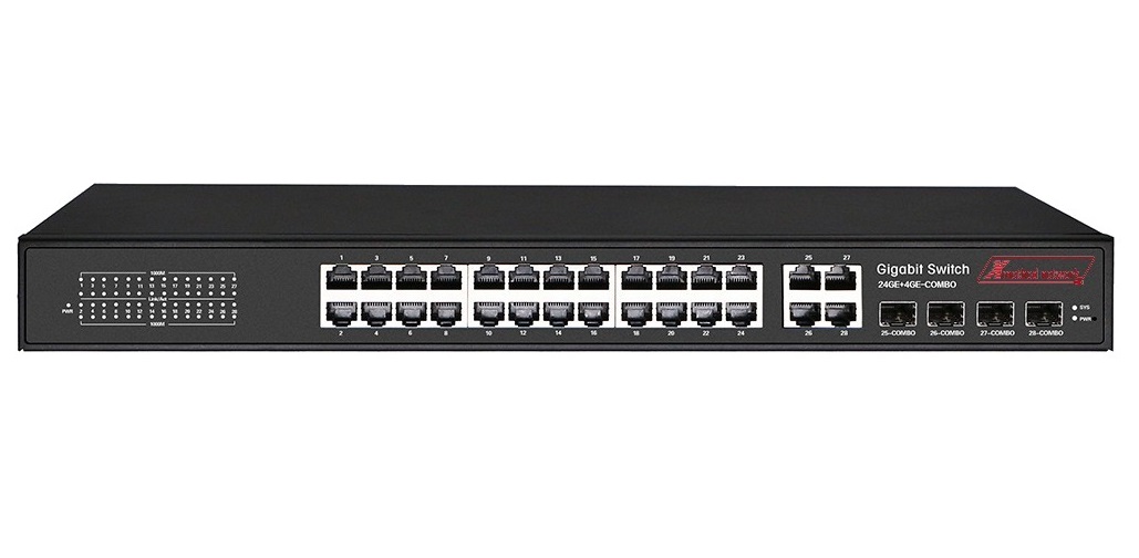 Bộ chuyển mạch 28-port unmanaged Gigabit Ethernet Switch, 24-port PoE, 4 Gigabit combo - Xmethod Network - Hàng chính hãng