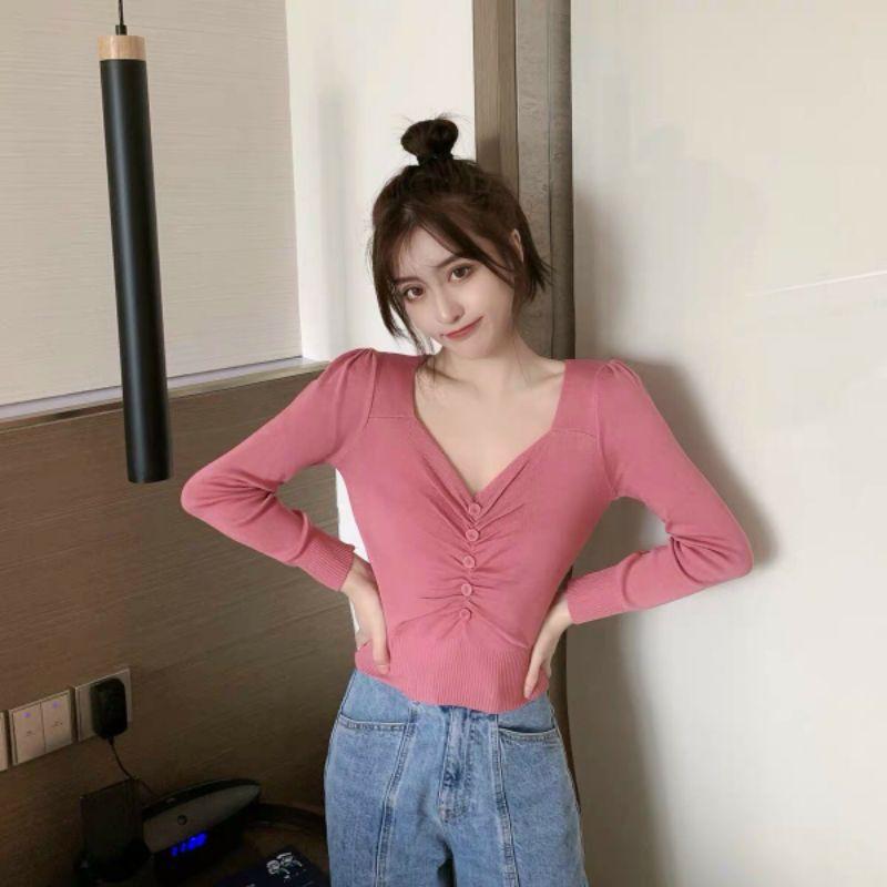 ÁO KIỂU THUN PHỐI NÚT TRƯỚC DÀI TAY