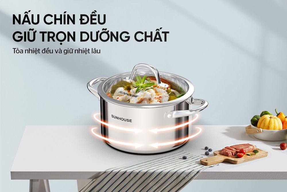 Nồi lẻ inox 304 đa lớp liền đáy Sunhouse SHG706-18,20,24,26cm