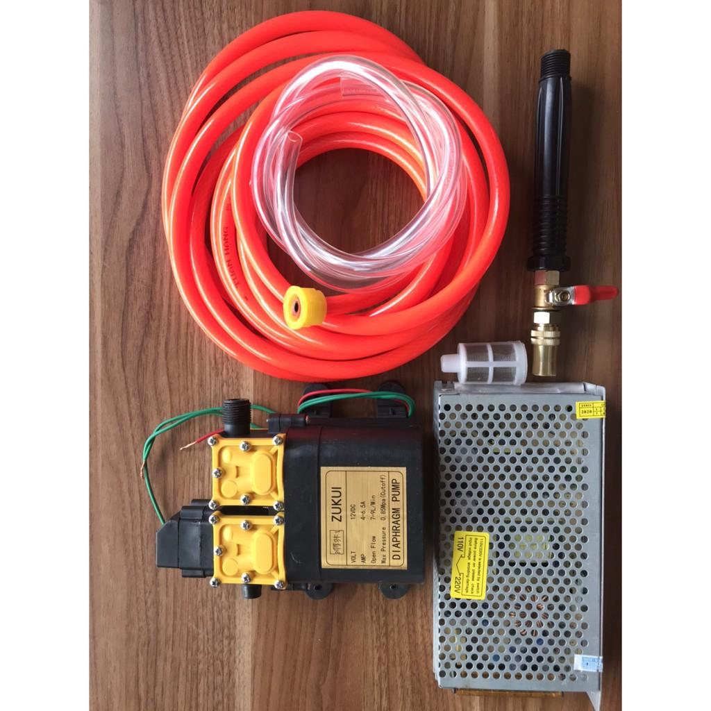 Bộ xịt rửa xe sử dụng bơm đôi ZUKUI kèm nguồn 12V10A dây 10ly tay xịt thẳng dây hút và lọc rác