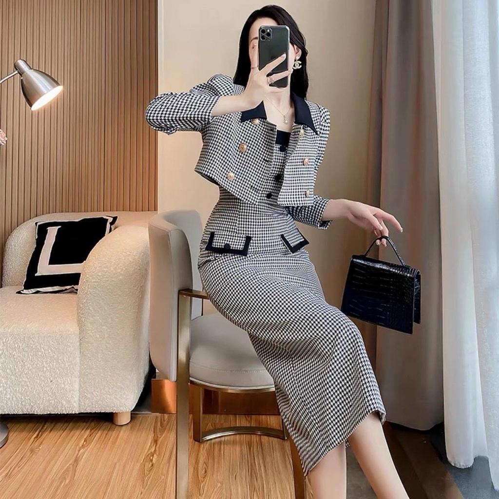 FRESHIP Sét váy đầm nữ hai dây caro giả túi mix áo khoác tay dài cùng tông thanh lịch sang chảnh KIMGIA DS