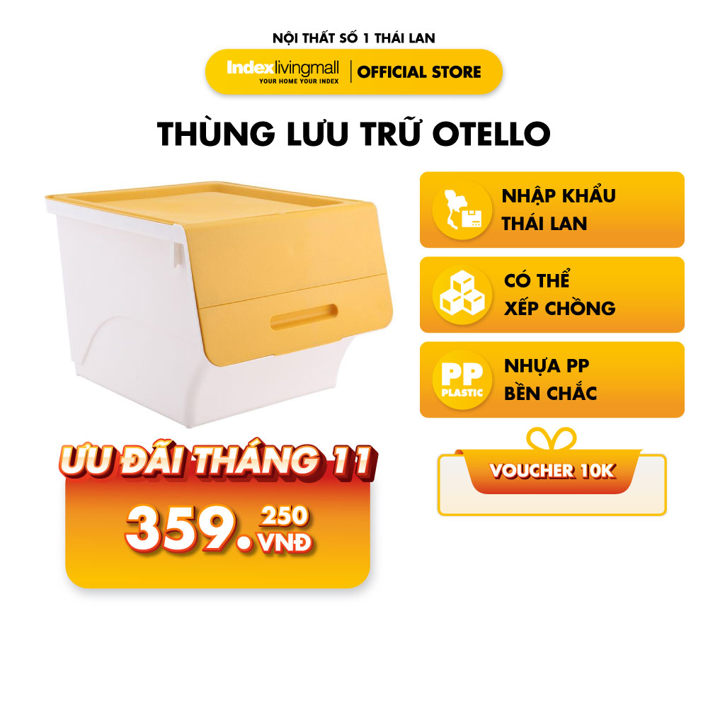 Thùng lưu trữ đa năng 34 lít OTELLO chất liệu nhựa PP trắng, nắp vàng, kích thước 45x38x31cm (DxRxC) | Index Living Mall | Nhập khẩu Thái Lan