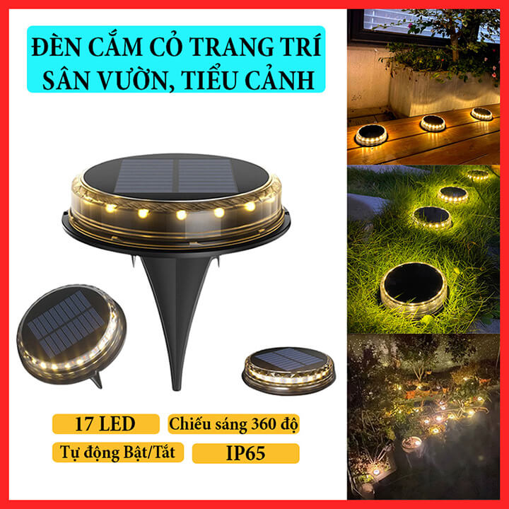 Đèn Cắm Cỏ Năng Lượng Mặt Trời Trang Trí Sân Vườn, Ban Công, Hàng Lang, Lối Đi, Chống Nước IP65, 17 Led