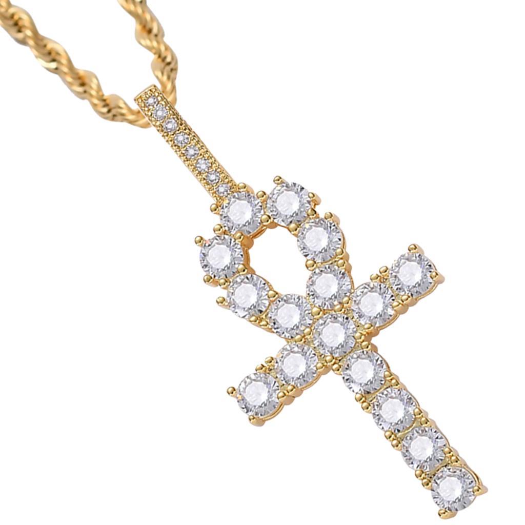 Necklace with Key Cross Pendant Zircon Jewel Accessory for Women Men Golden