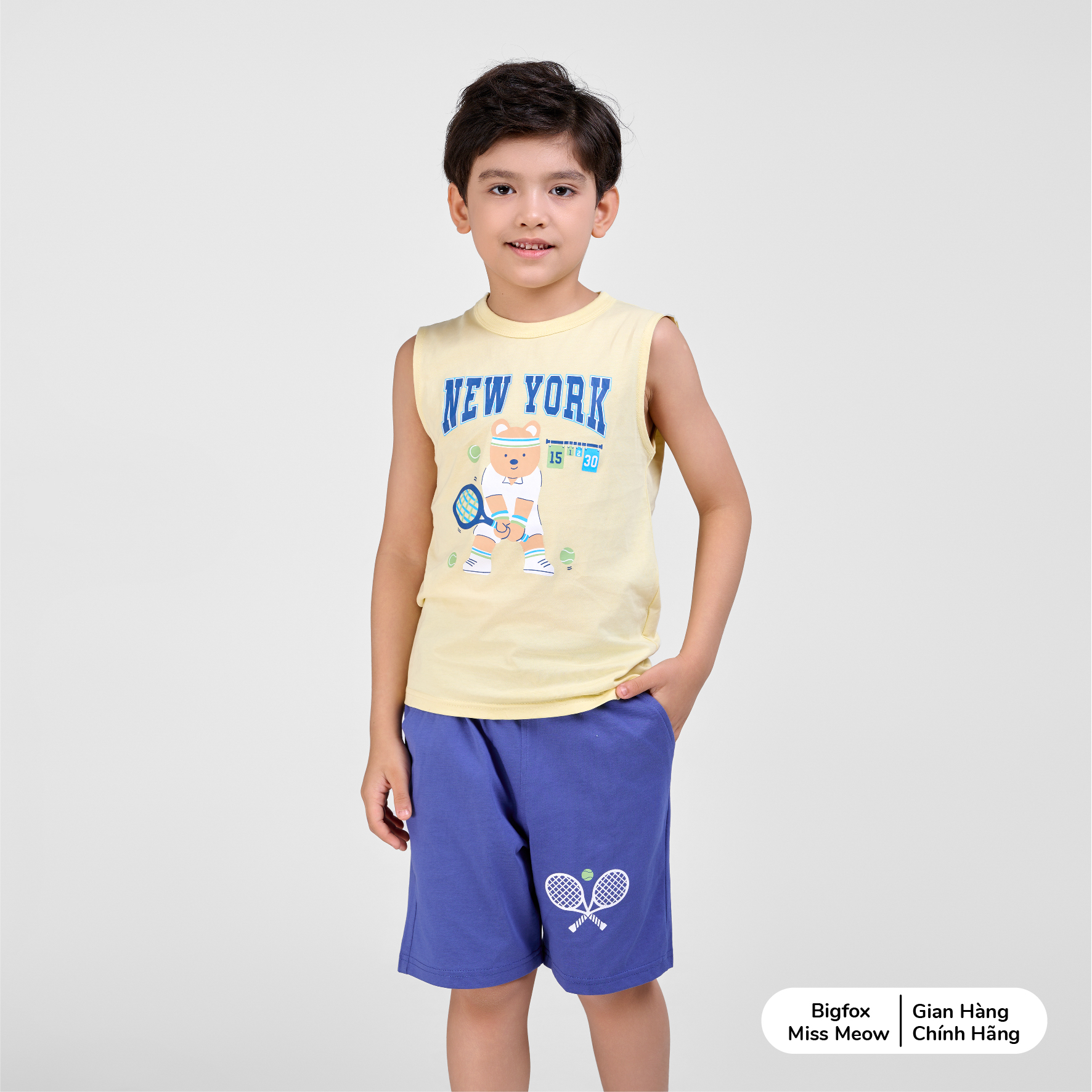 Bộ bé trai sát nách Bigfox Miss Meow size đại chất cotton in Gấu cỡ 3,7,9,11 tuổi 30kg 40kg