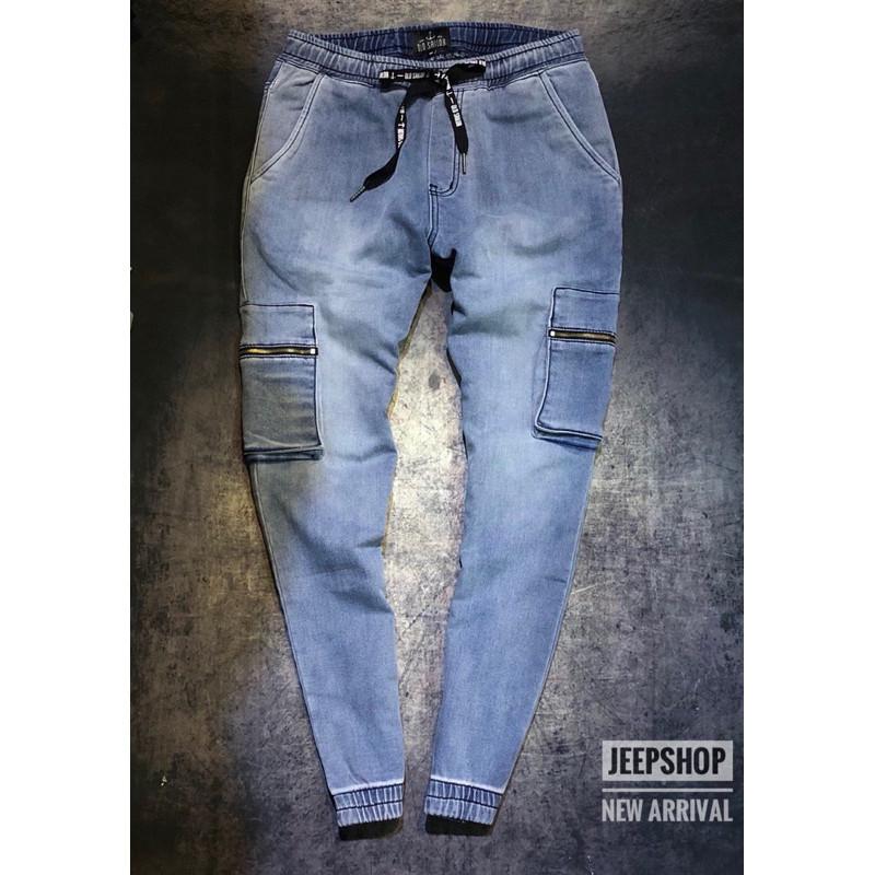 Quần Jogger Jean_túi hộp_co giãn_bo chân - Xanh lợt