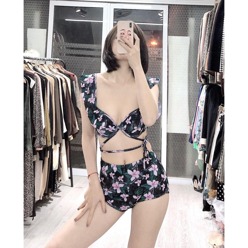 freeship Bikini đồ bơi cánh tiên bèo vai hai mảnh hoa lá tối màu trung niên mặc được mặc đi biển đi bơi đẹp
