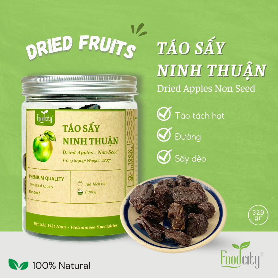 Táo xanh Ninh Thuận sấy dẻo, 100% táo xanh Ninh Thuận tuyển chọn, không hóa chất, tốt cho sức khỏe Foodcity Store