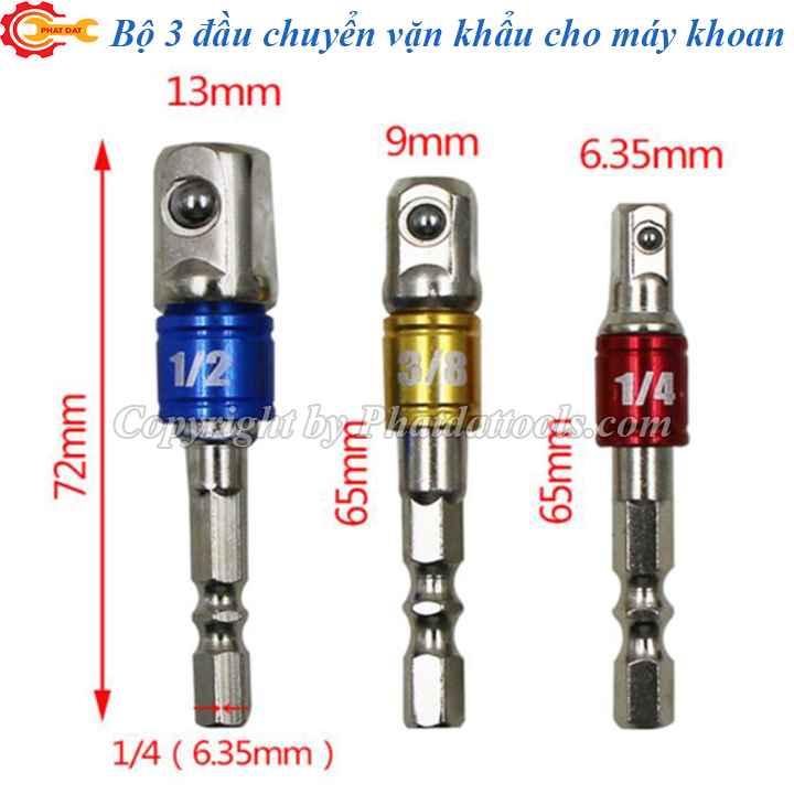 Bộ 3 đầu chuyển sang vặn khẩu bulong 1/2-3/8-1/4 cho máy khoan, máy vặn vít