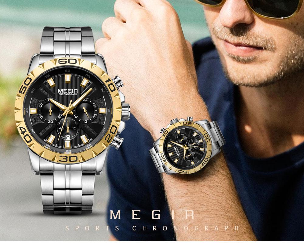 Đồng hồ Quartz Thể thao đơn giản Dây đeo bằng thép không gỉ 3ATM Lịch chống nước Chronograph Luminous MEGIR 2087 Nam