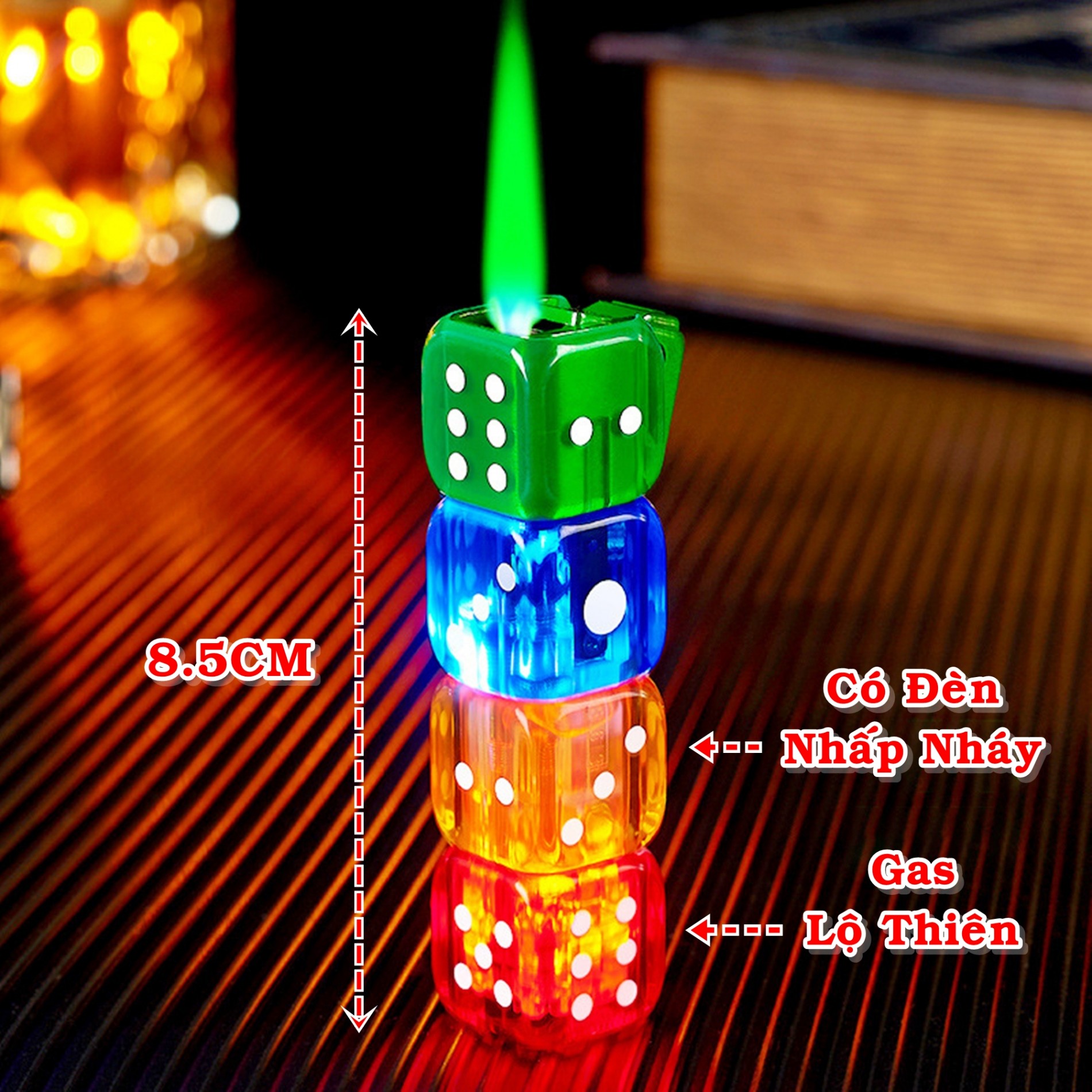 Hột quẹt bật lửa khè lộ thiên hình 4 viên xí ngầu có đèn led nhấp nháy - xài gas