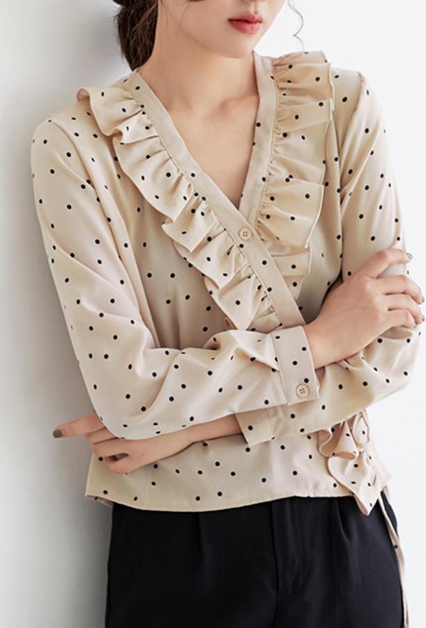 Áo sơ mi nữ chấm bi xéo vạt CBR04