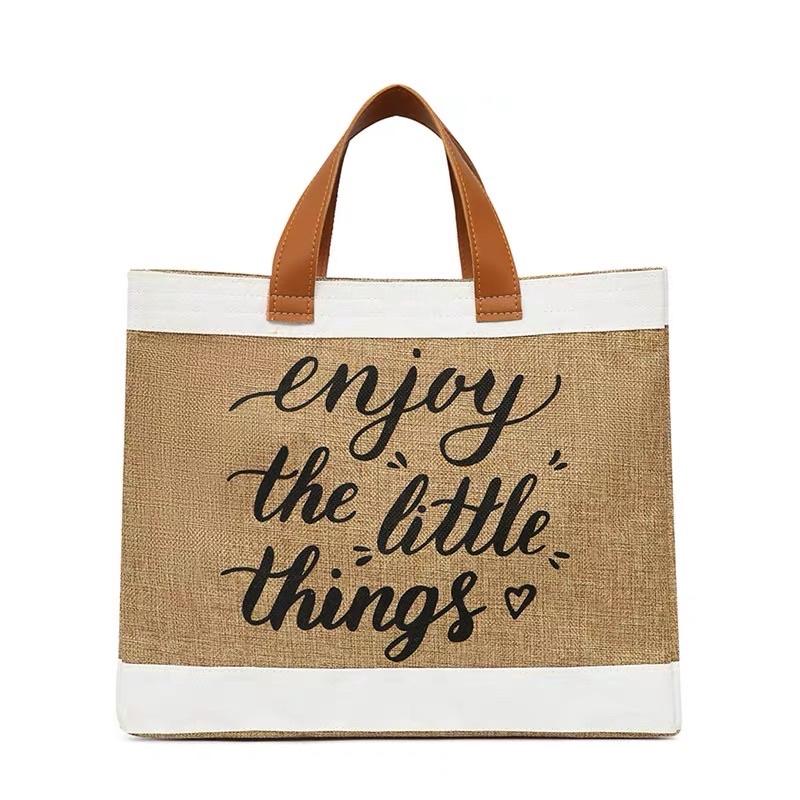 Túi cói Vintage đi biển Enjoy The Little Things xịn xò mẫu mới size to - Túi xách cói du lịch ENJOY sang chảnh