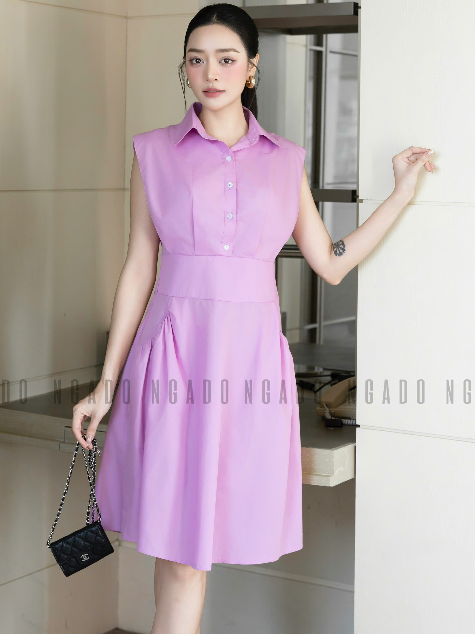 Đầm tím cổ sơ mi NGADO , đầm sơ mi Nữ , đầm công sở