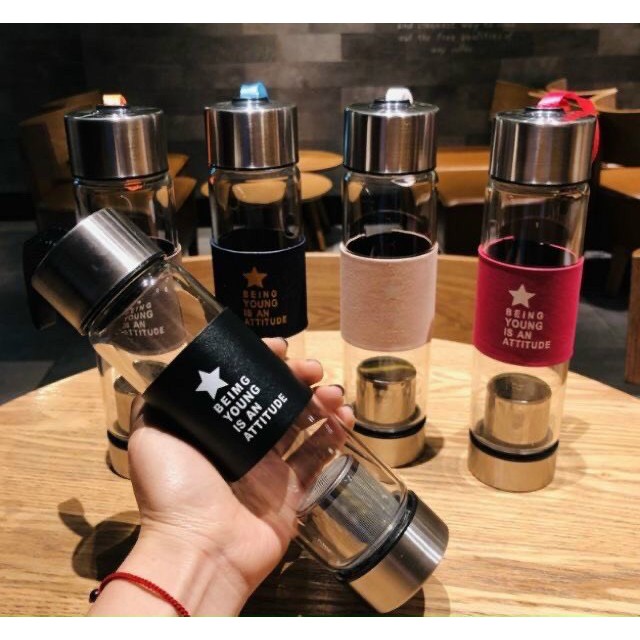 Bình thủy tinh cao cấp dày đẹp thiết kế đẹp hiện đại, dung tích 450ml - Bình giữ nhiệt thủy tinh trong suốt có lưới lọc trà, ủ trà thông minh, thiết kế cầm tay