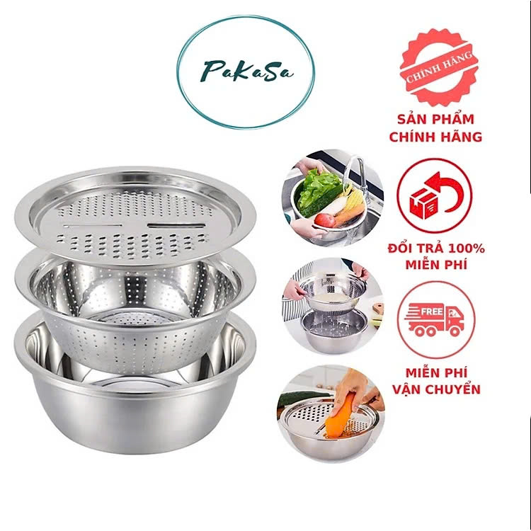 ️ Bộ 3 Món Bào ️ Nạo Rau Củ Kiêm Rổ và Chậu Inox Cao cấp Đa Năng PaKaSa - Hàng chính hãng