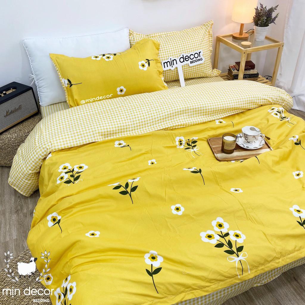 Drap Giường Hoa Kẻ Vàng Bộ Chăn Ga Gối Cotton 3D - Ga Trải Giường Thiết Kế Mịn Decor