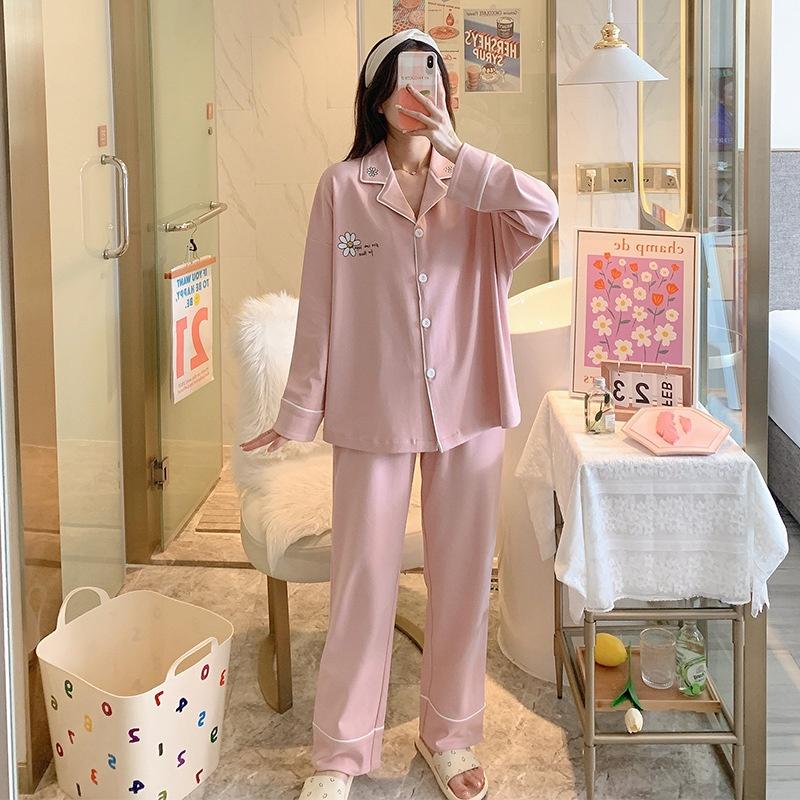 Đồ Mặc Nhà Pijama Dễ Thương, Đồ Bộ Nữ Cotton Áo Dài Quần Dài Màu Trơn Vàng Hồng DDCP06