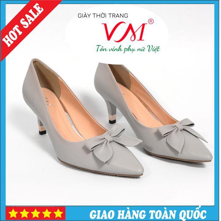 Giày Cao Gót 5 Phân Mũi Nhọn, Họa Tiết Nơ, Màu Ghi - HT16A.5F.Ghi(V)