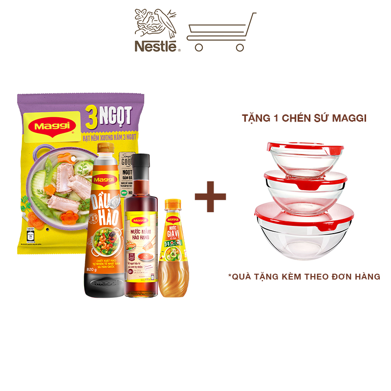 [Tặng bộ 3 thố thủy tinh] Combo Maggi đậm đà : 1 dầu hào 820g + 1 gia vị cô đặc 350g + 1 nước mắm 490ml + 1 gói hạt nêm Maggi xương hầm 3 ngọt heo gói 900g