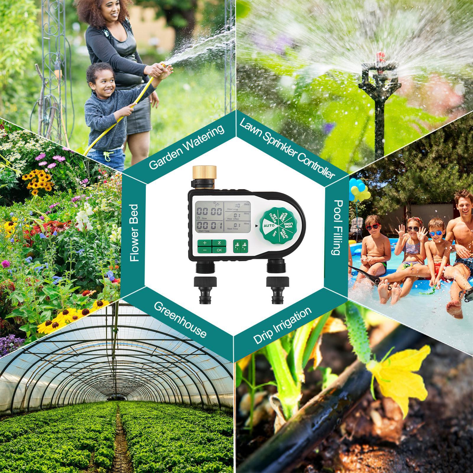 Digital Automatic Watering Timer with 2 Hose Connectors Programmed Garden Irrigation Timer Faucet Sprinkler Intelligent Irrigation Controller for Lawn Farmland Courtyard Greenhouse