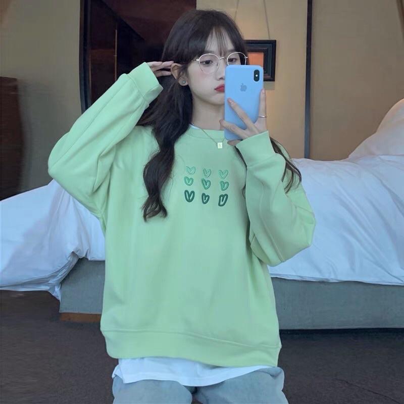 Áo khoác sweater chui đầu thêu tim nỉ ngoại tay phồng unisex ulzzang nam nữ