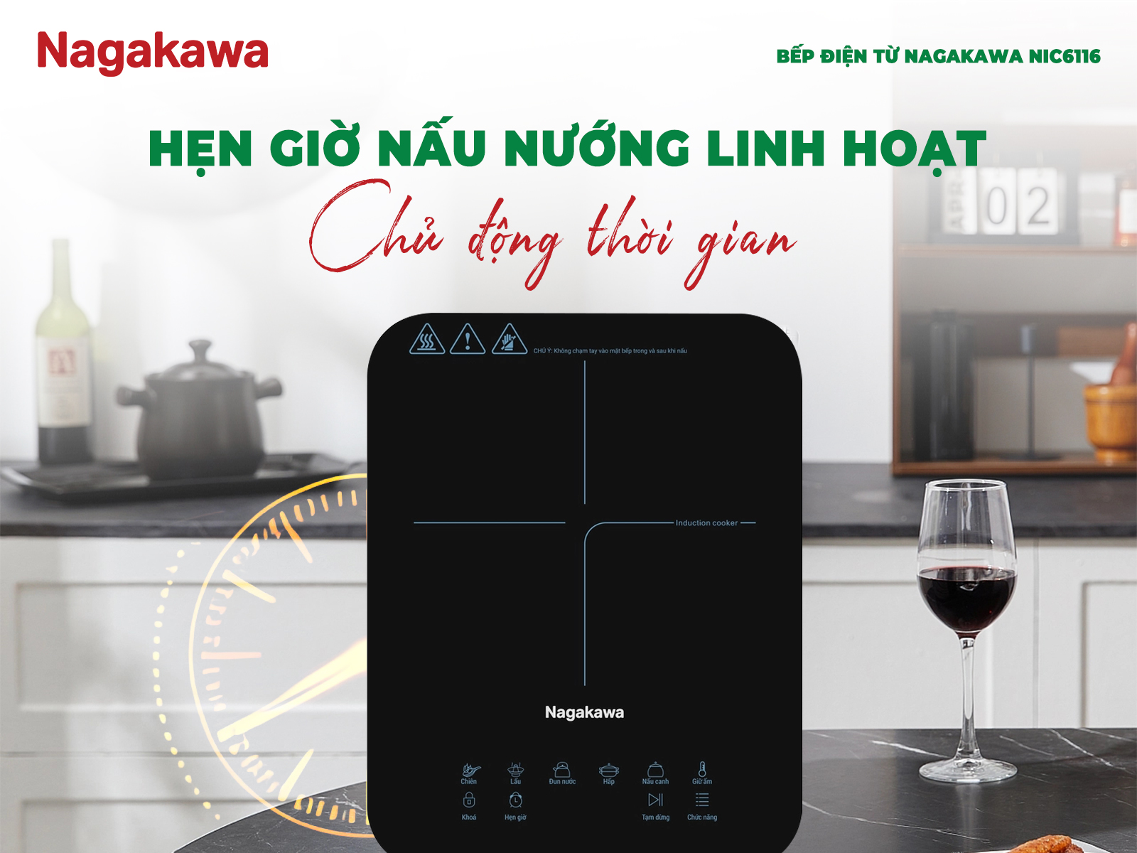 Bếp điện từ đơn Nagakawa NIC6116 2000W tặng kèm nồi inox, bảo hành 12 tháng, hàng chính hãng