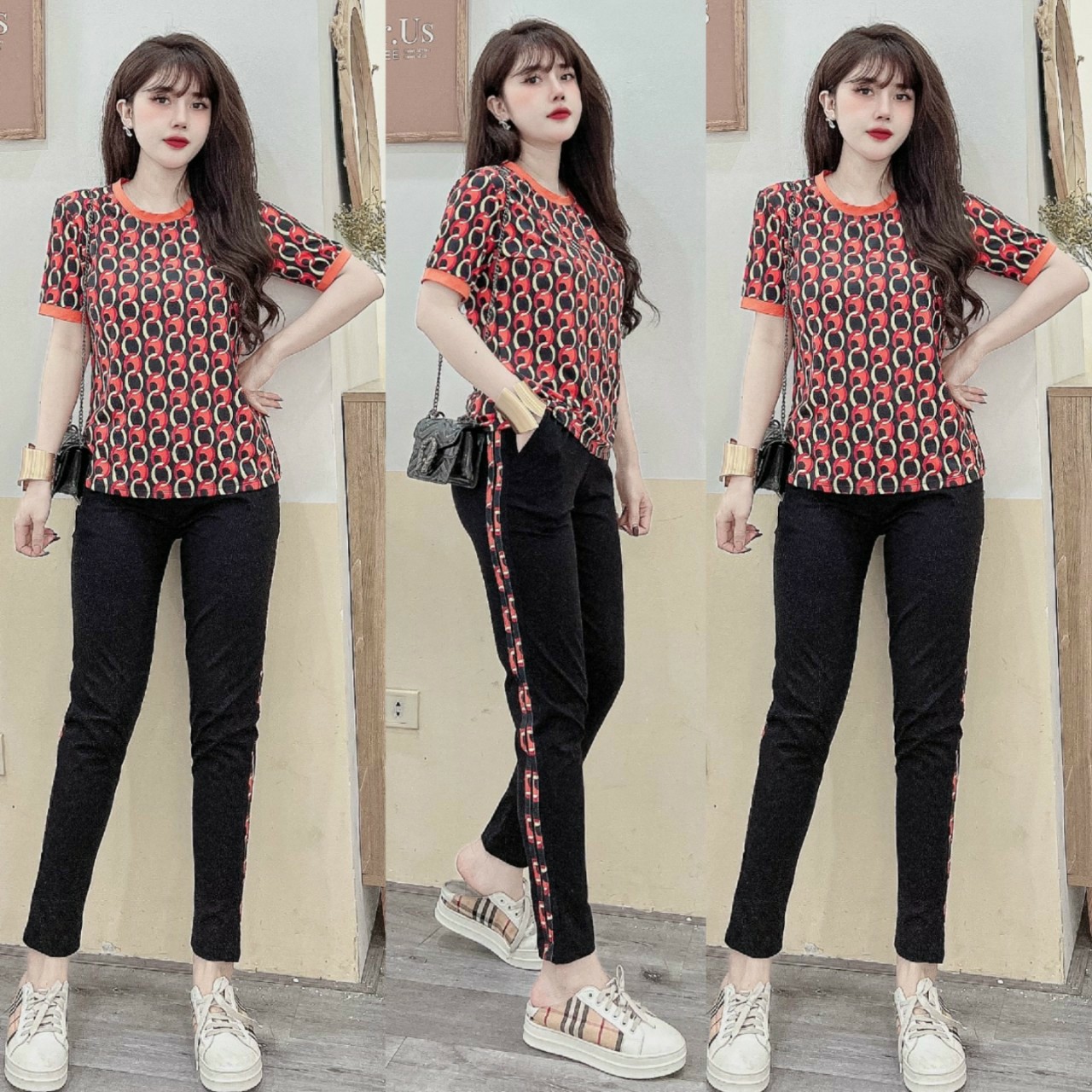 Đồ bộ dài thun cotton họa tiết mắc xích in 3D