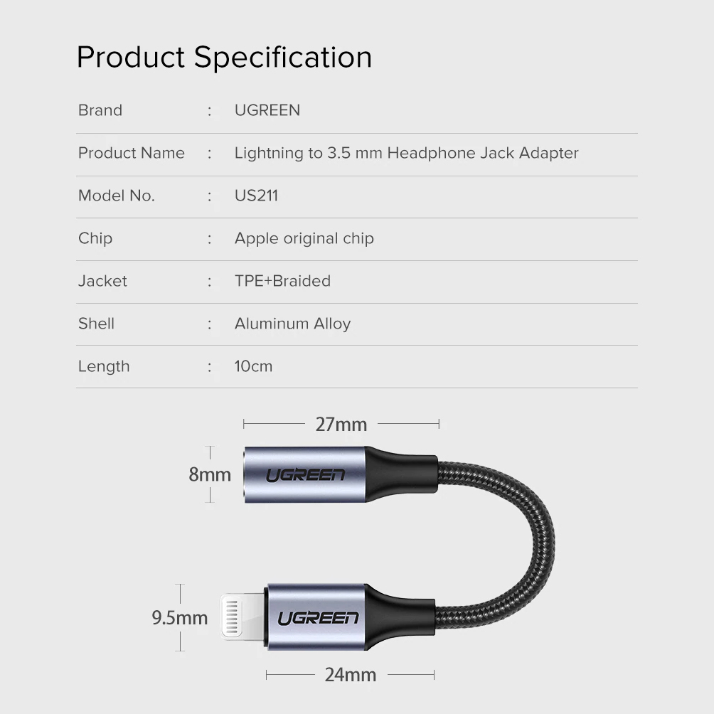 Cáp Lightning ra AUX 3.5mm Chuẩn MFi Hỗ trợ Mic đàm thoại Cao Cấp UGREEN US211