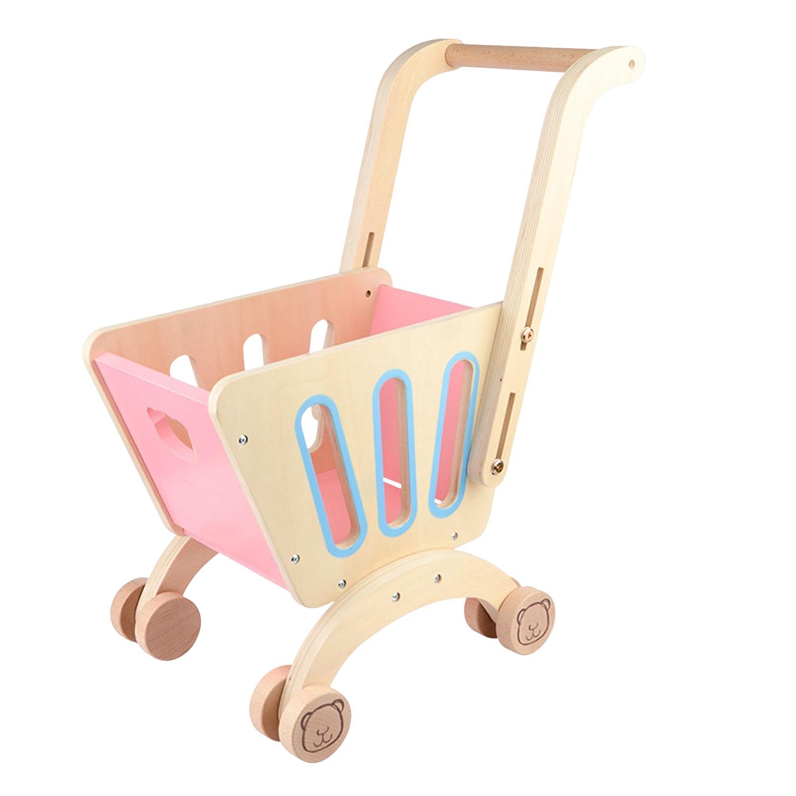 Wooden Children Shopping Cart Toy Supermarket Cart Gift for Boy and Girl Pink