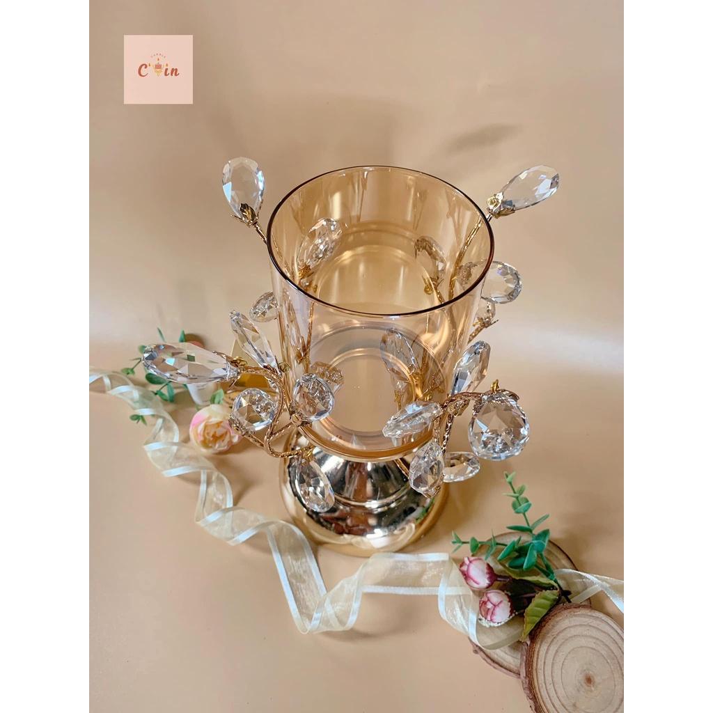 Đế nến đá hoa màu vàng - Chân nến đính đá hoa sang trọng hiện đại, candle holder decor home, trang trí hiện đại