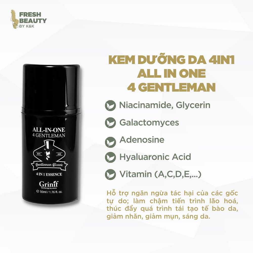 Kem dưỡng da nam GRINIF All In One 4 Gentleman cấp ẩm cho da, hỗ trợ giảm thâm sạm, ngừa lão hóa, tối ưu rút gọn 4in1 size 50ml