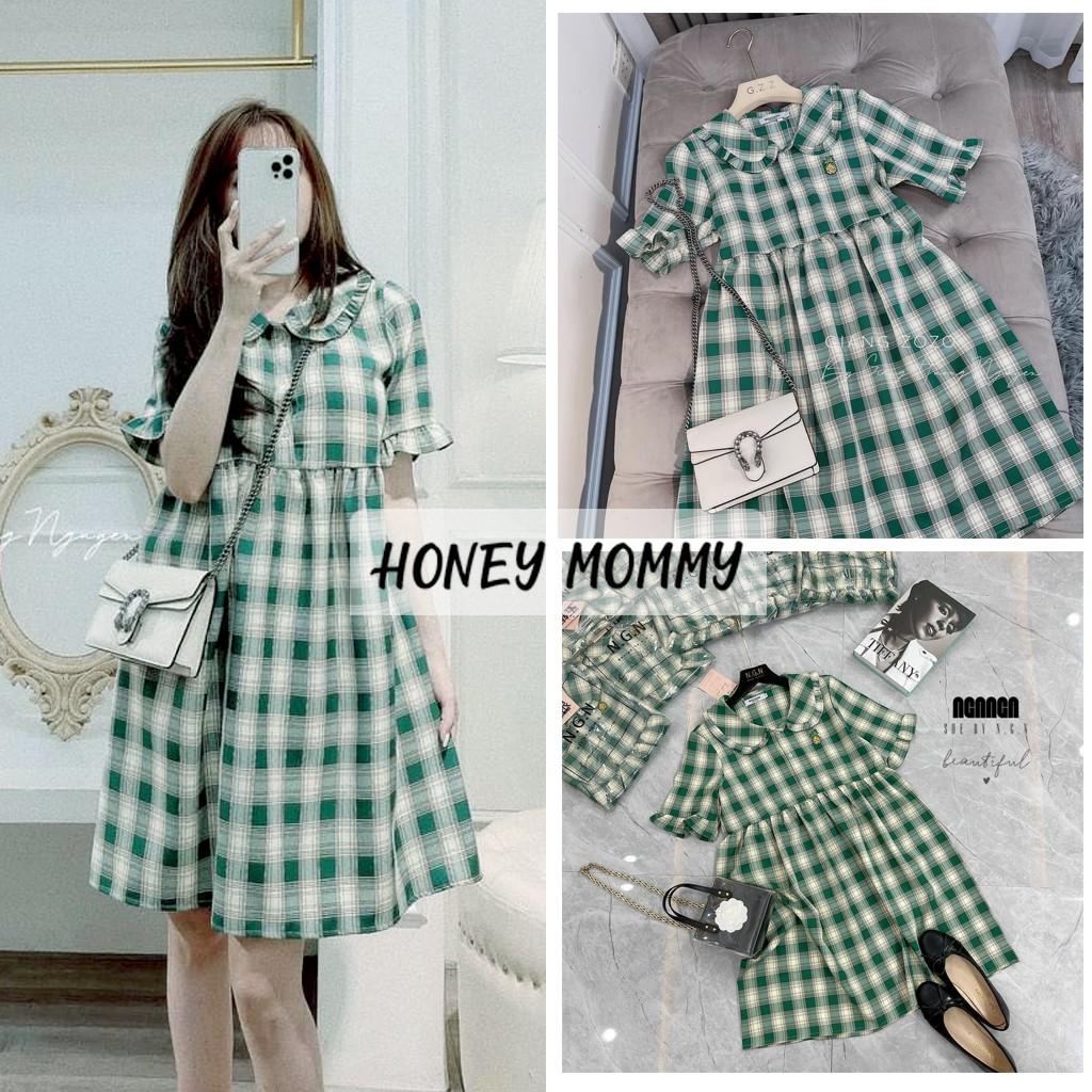 Váy Bầu Baby Doll Kẻ Caro Xanh Cổ Sen Logo Dứa Thêu HD2831 Honey Mommy Đầm Bầu Hè Ngắn Tay Công Sở