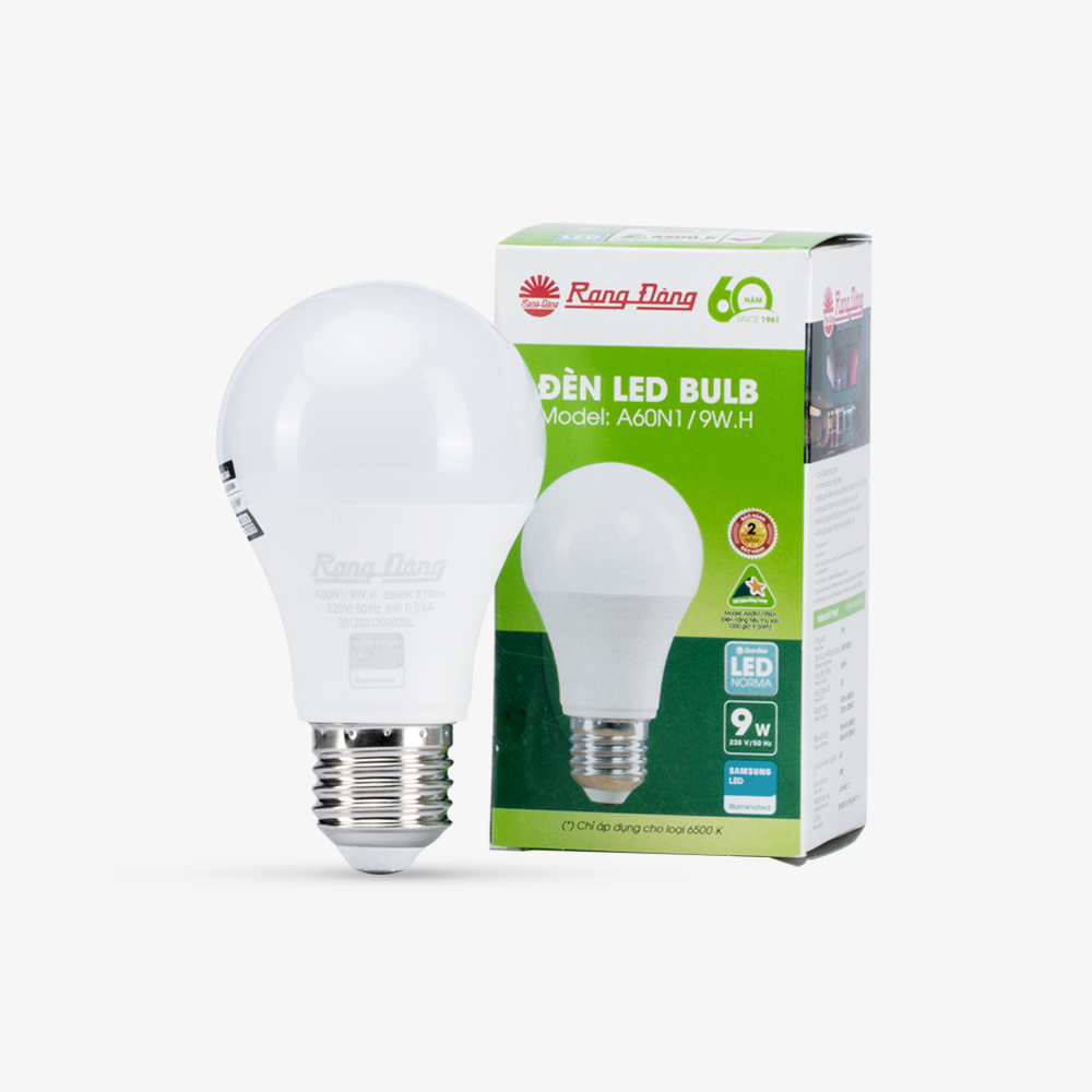 Bóng đèn led bulb tròn 9W hình cây nấm sáng trắng Rạng_Đông A60N1/9W.H