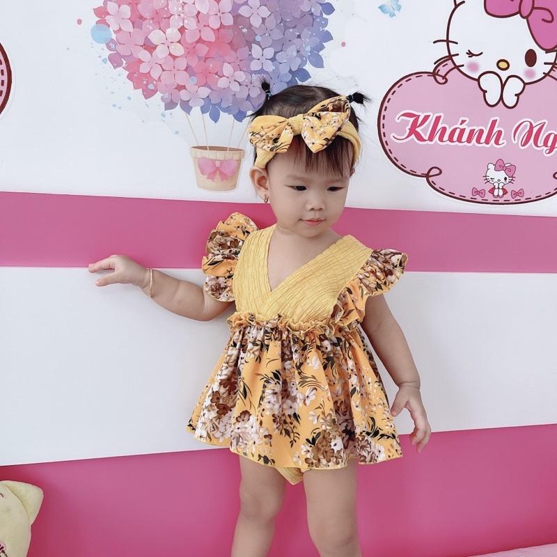 Body váy hoa vàng vải lụa kết hợp đũi xốp cho bé 3-12kg